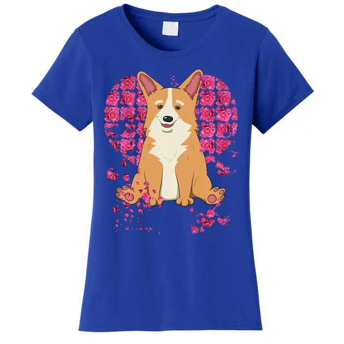 Corgi Pink Rose Flower Heart Dog Mom Floral Valentines Day Cool Gift Women's T-Shirt