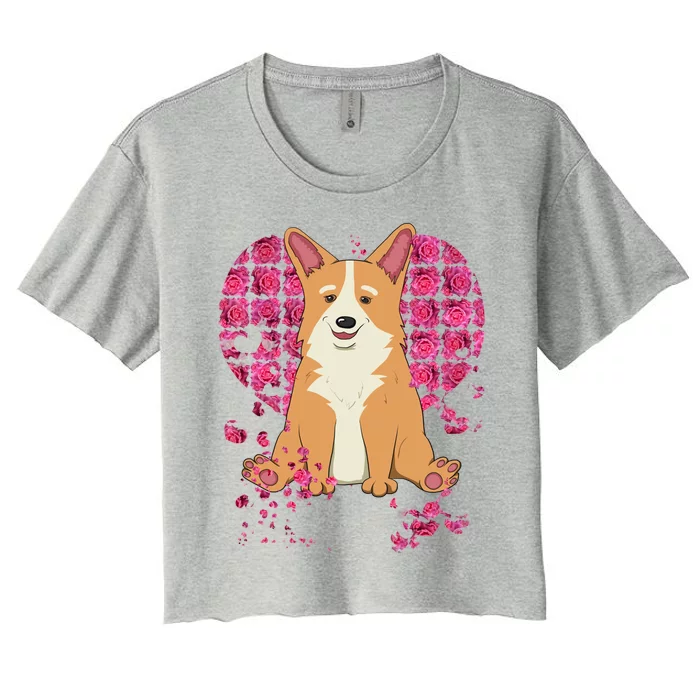 Corgi Pink Rose Flower Heart Dog Mom Floral Valentines Day Cool Gift Women's Crop Top Tee