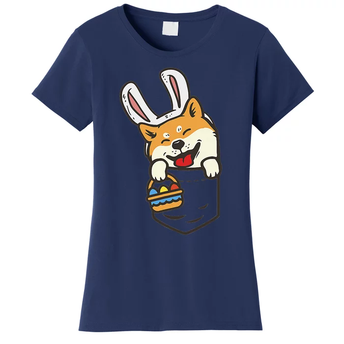 Cute Pocket Shiba Inu Easter Bunny Ears Egg Basket Dog Lover Women's T-Shirt