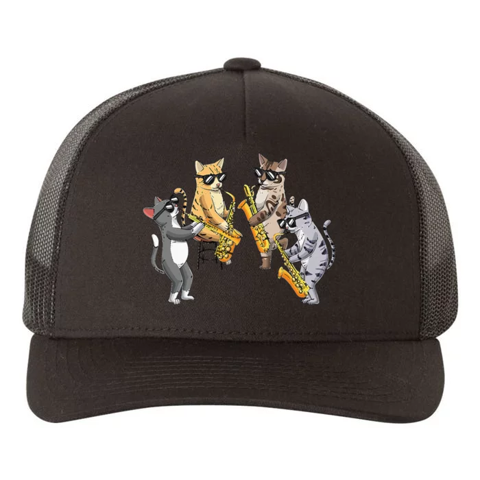 Cats Playing Saxophone Jazz Sax Musician Saxophonist Yupoong Adult 5-Panel Trucker Hat