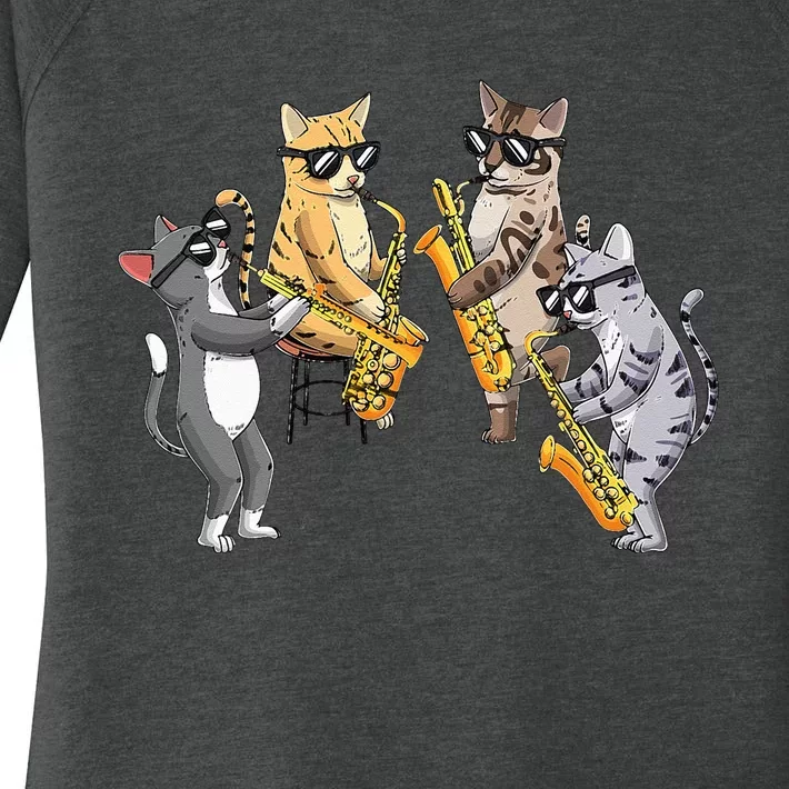 Cats Playing Saxophone Jazz Sax Musician Saxophonist Women's Perfect Tri Tunic Long Sleeve Shirt