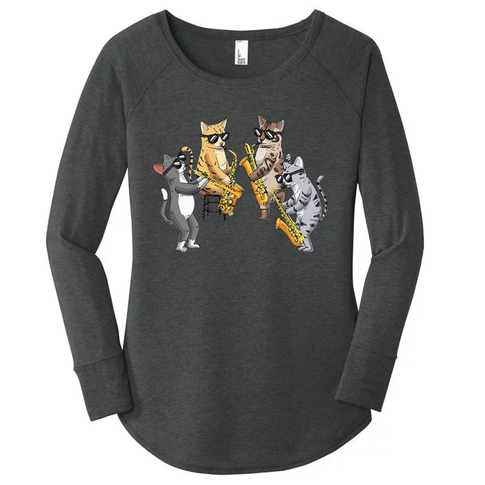 Cats Playing Saxophone Jazz Sax Musician Saxophonist Women's Perfect Tri Tunic Long Sleeve Shirt