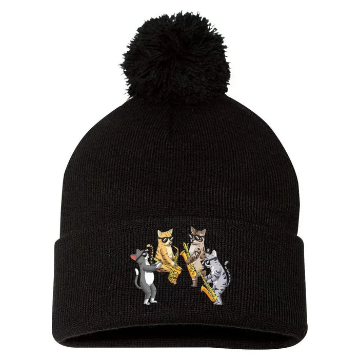 Cats Playing Saxophone Jazz Sax Musician Saxophonist Pom Pom 12in Knit Beanie