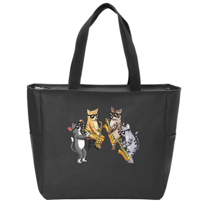 Cats Playing Saxophone Jazz Sax Musician Saxophonist Zip Tote Bag