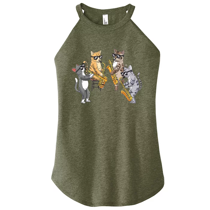 Cats Playing Saxophone Jazz Sax Musician Saxophonist Women’s Perfect Tri Rocker Tank