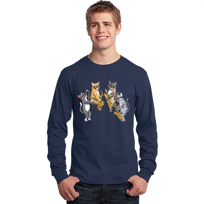 Cats Playing Saxophone Jazz Sax Musician Saxophonist Long Sleeve Shirt