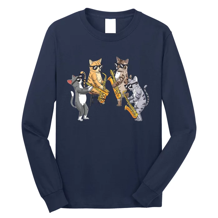 Cats Playing Saxophone Jazz Sax Musician Saxophonist Long Sleeve Shirt