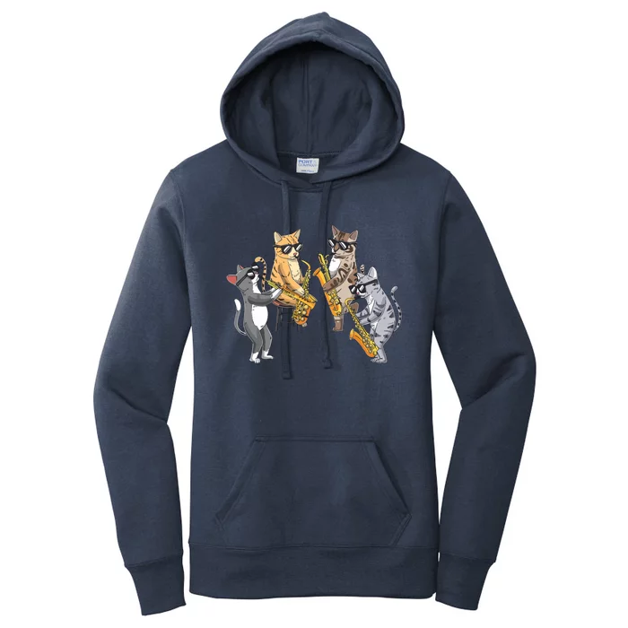 Cats Playing Saxophone Jazz Sax Musician Saxophonist Women's Pullover Hoodie