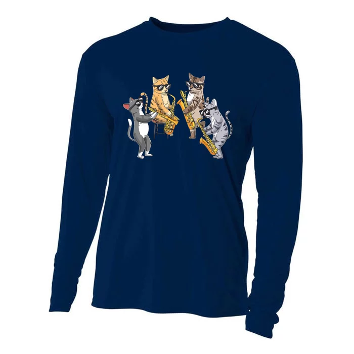 Cats Playing Saxophone Jazz Sax Musician Saxophonist Cooling Performance Long Sleeve Crew