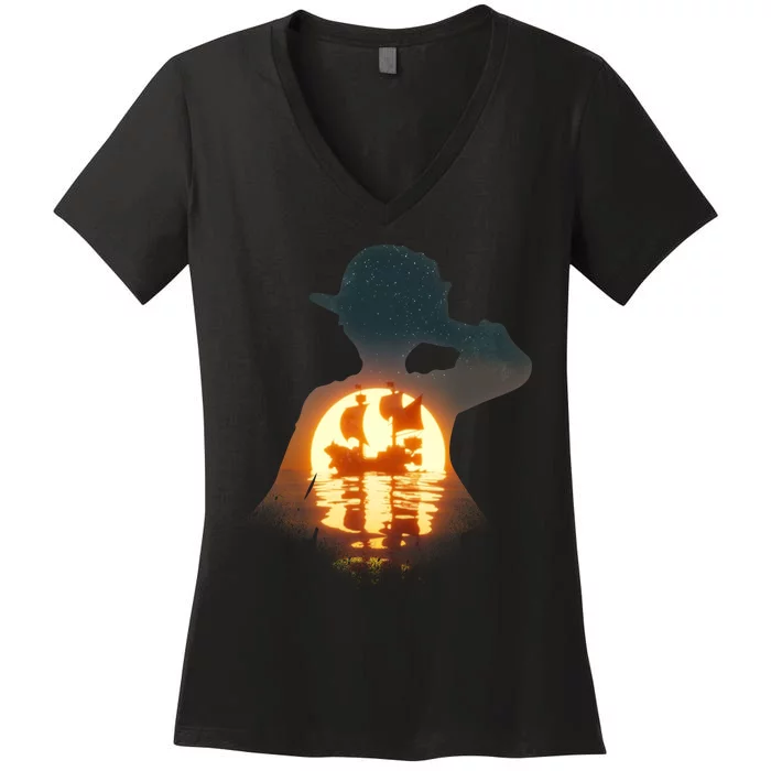 Cool Pirate Sunset Sunrise Women's V-Neck T-Shirt