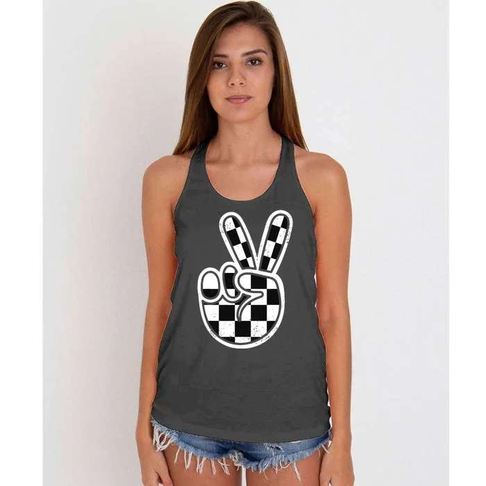 Checkered Peace Sign 60s 70s 80s Race Car Gamer Boy Women's Knotted Racerback Tank