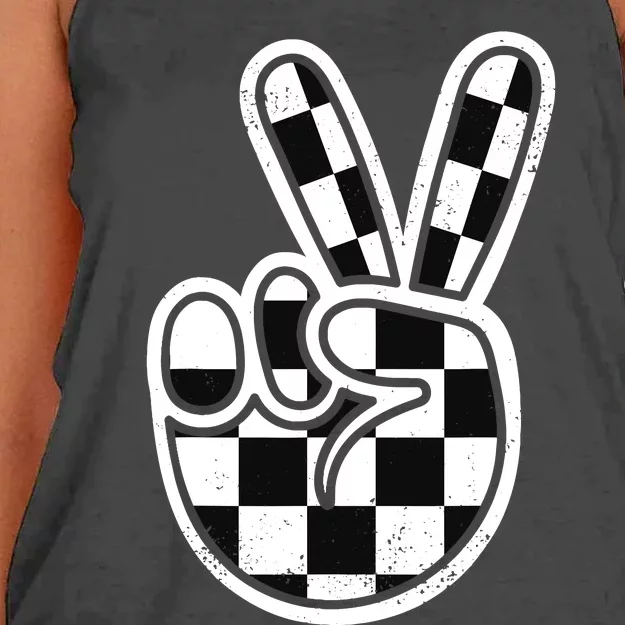 Checkered Peace Sign 60s 70s 80s Race Car Gamer Boy Women's Knotted Racerback Tank