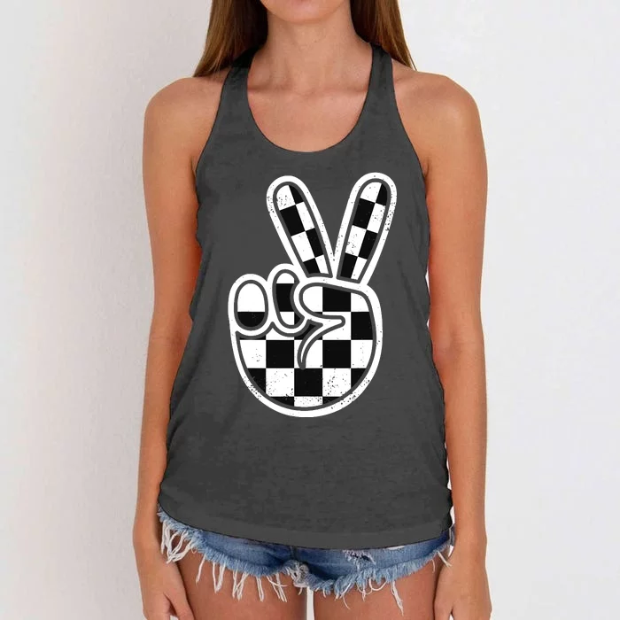 Checkered Peace Sign 60s 70s 80s Race Car Gamer Boy Women's Knotted Racerback Tank