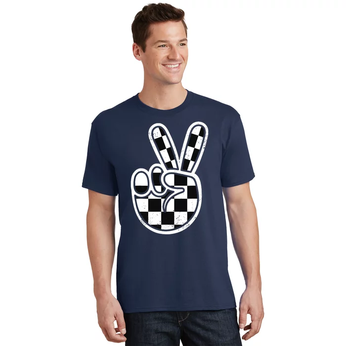 Checkered Peace Sign 60s 70s 80s Race Car Gamer Boy T-Shirt