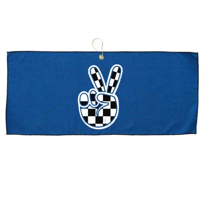 Checkered Peace Sign 60s 70s 80s Race Car Gamer Boy Large Microfiber Waffle Golf Towel