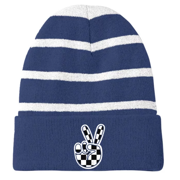 Checkered Peace Sign 60s 70s 80s Race Car Gamer Boy Striped Beanie with Solid Band