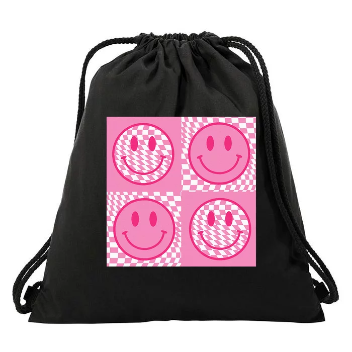 Checkered Pattern Smile Face Meme Pink Happy Face Colorful Drawstring Bag