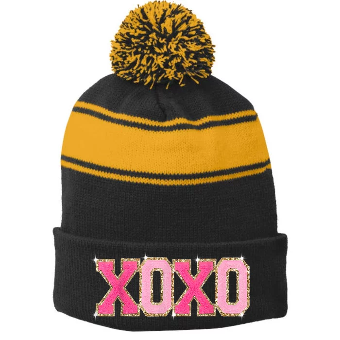 Chenille Patch Sparkling Xoxo Valentine Day Heart Love Gift Stripe Pom Pom Beanie