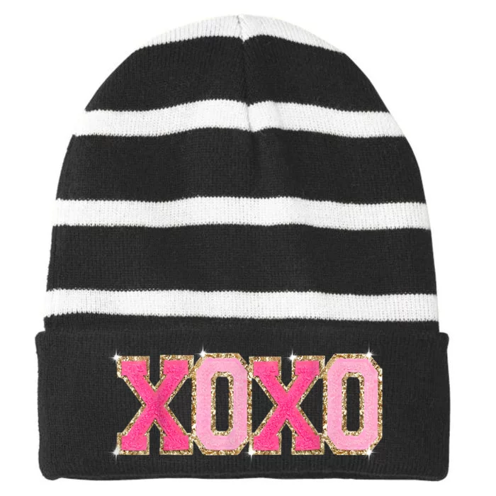 Chenille Patch Sparkling Xoxo Valentine Day Heart Love Gift Striped Beanie with Solid Band