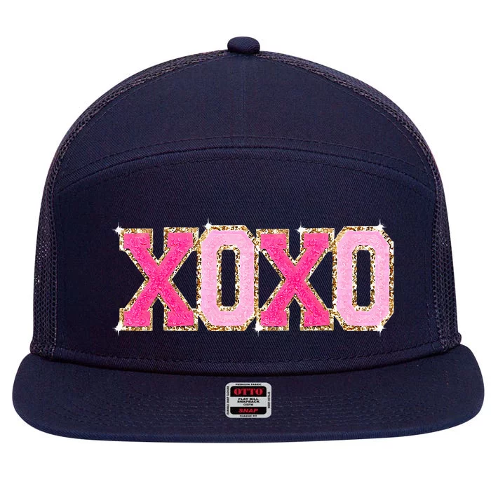 Chenille Patch Sparkling Xoxo Valentines Day Heart Love Gift 7 Panel Mesh Trucker Snapback Hat