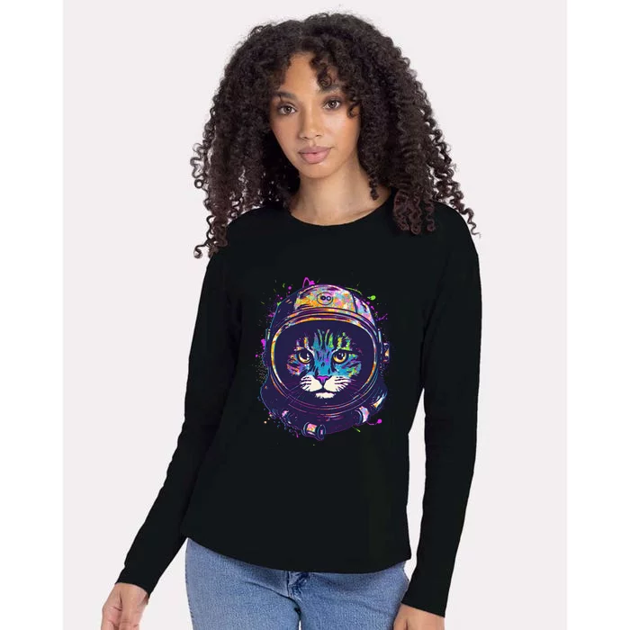 Colorful Paint Splat Astronaut Cat Womens Cotton Relaxed Long Sleeve T-Shirt