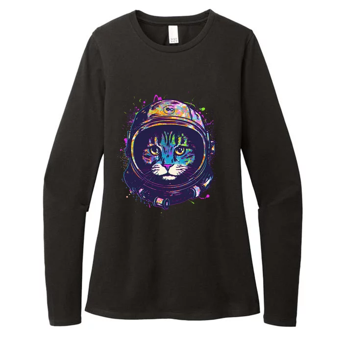 Colorful Paint Splat Astronaut Cat Womens CVC Long Sleeve Shirt