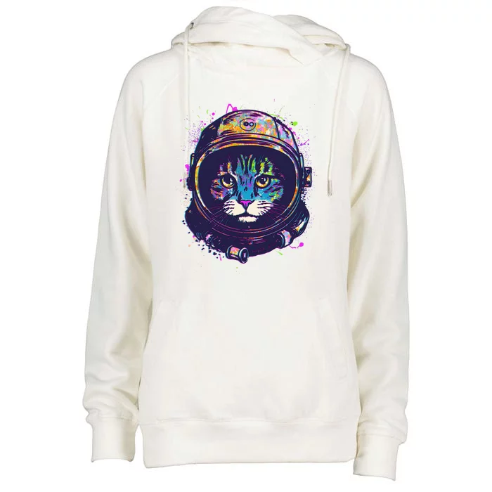 Colorful Paint Splat Astronaut Cat Womens Funnel Neck Pullover Hood