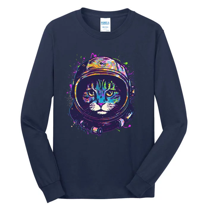 Colorful Paint Splat Astronaut Cat Tall Long Sleeve T-Shirt