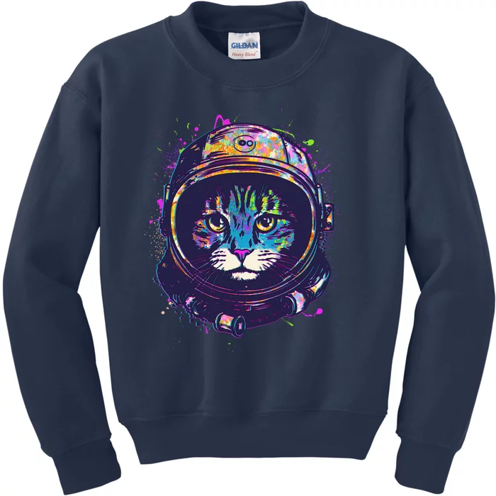 Colorful Paint Splat Astronaut Cat Kids Sweatshirt