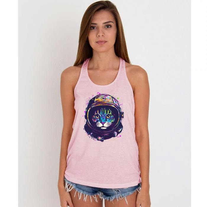 Colorful Paint Splat Astronaut Cat Women's Knotted Racerback Tank