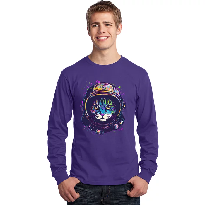 Colorful Paint Splat Astronaut Cat Long Sleeve Shirt