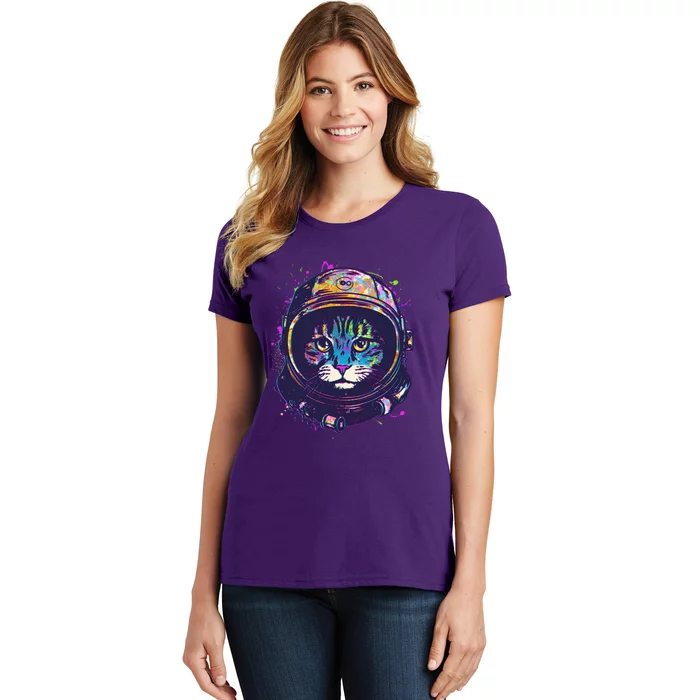 Colorful Paint Splat Astronaut Cat Women's T-Shirt