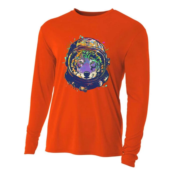 Colorful Paint Splat Astronaut Wolf Cooling Performance Long Sleeve Crew