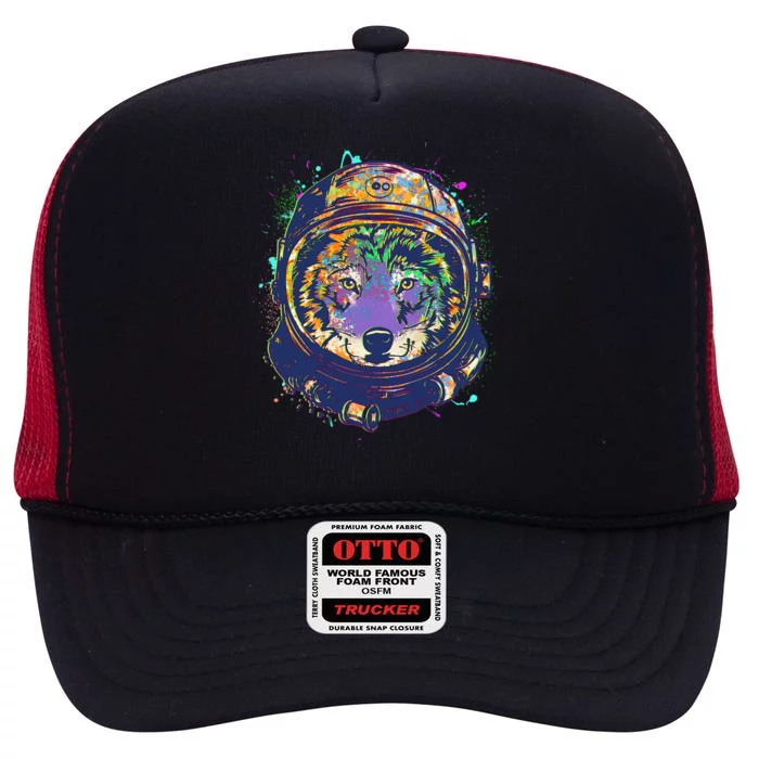 Colorful Paint Splat Astronaut Wolf High Crown Mesh Trucker Hat