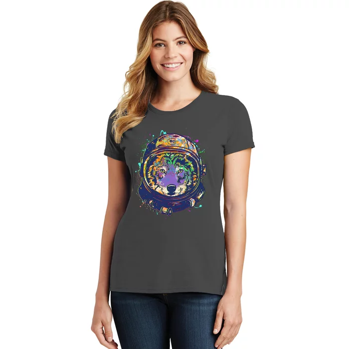 Colorful Paint Splat Astronaut Wolf Women's T-Shirt