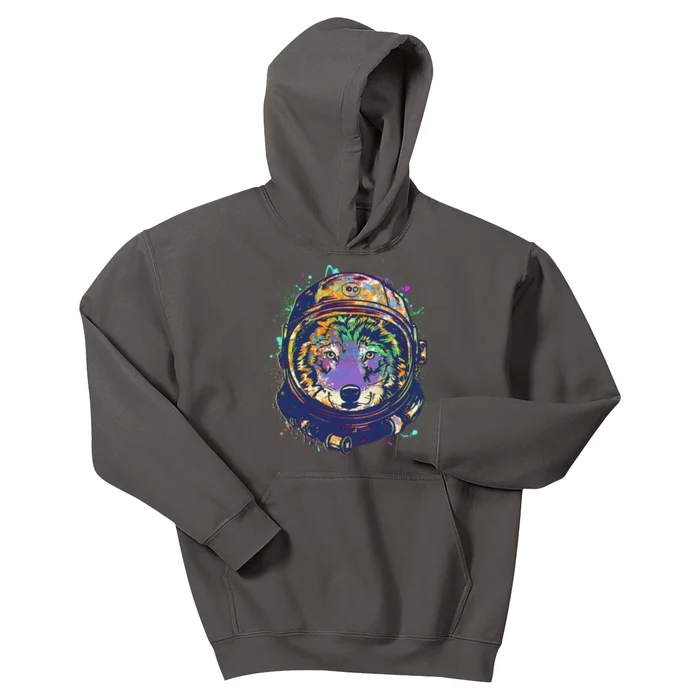 Colorful Paint Splat Astronaut Wolf Kids Hoodie