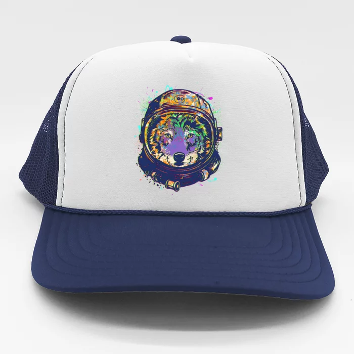 Colorful Paint Splat Astronaut Wolf Trucker Hat