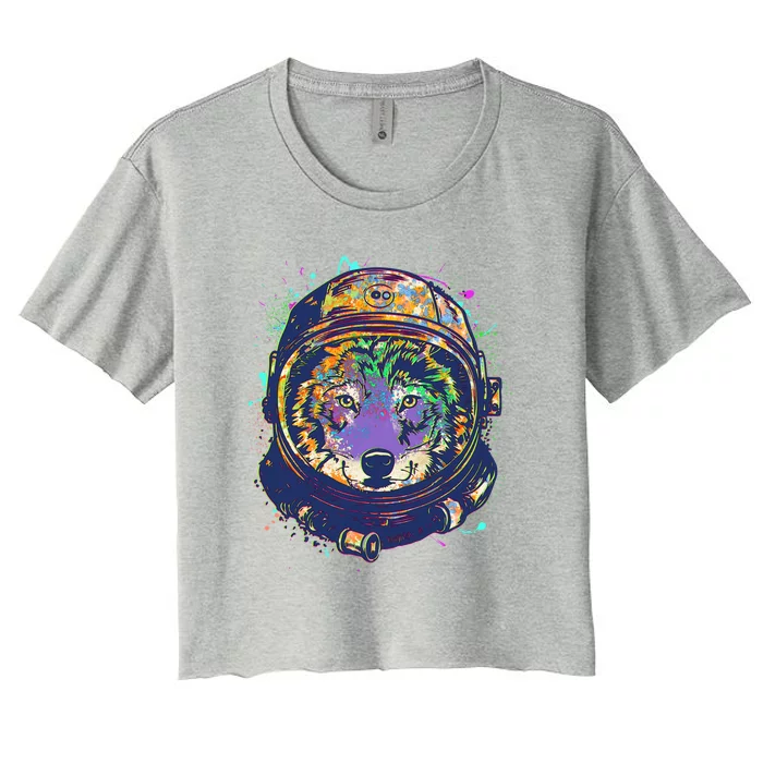 Colorful Paint Splat Astronaut Wolf Women's Crop Top Tee