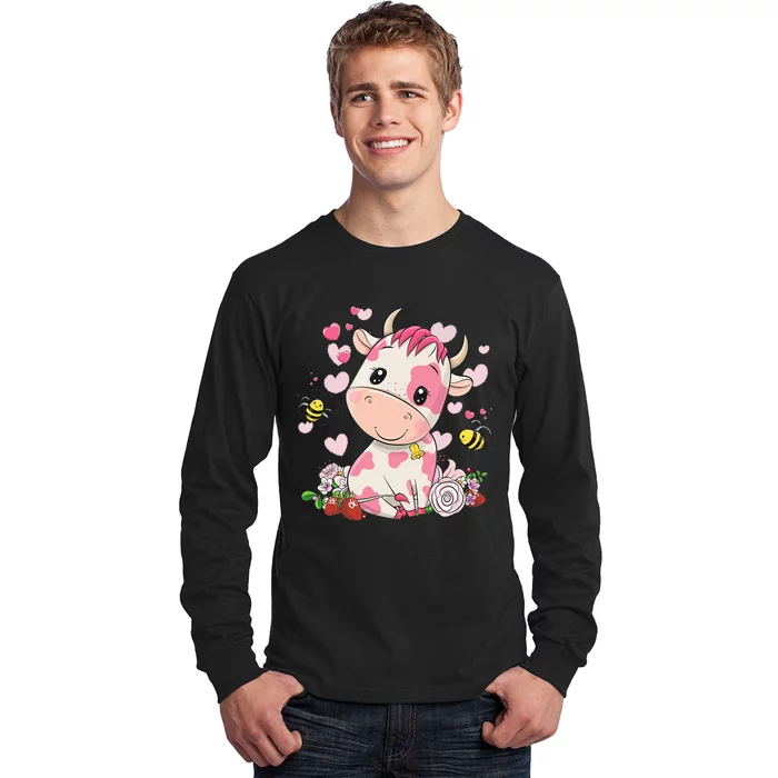 Cute Pink Strawberry Cow Print Kawaii Animal Long Sleeve Shirt