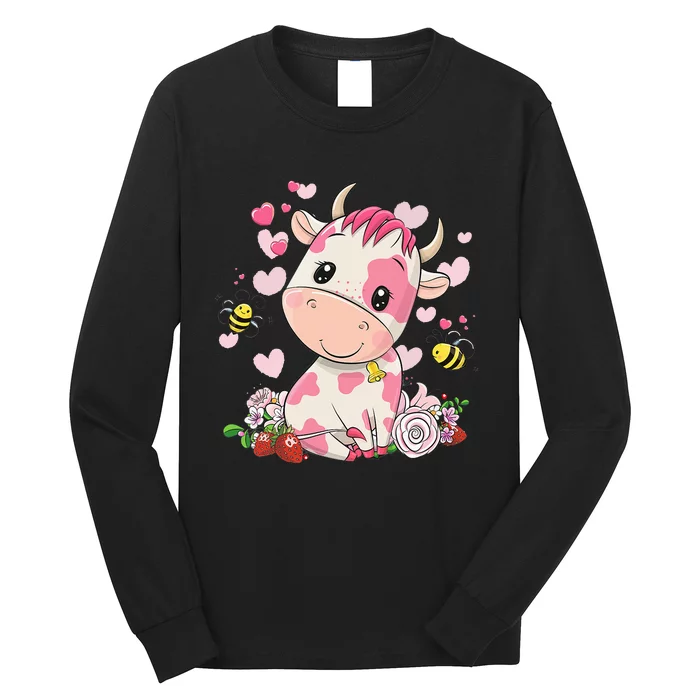 Cute Pink Strawberry Cow Print Kawaii Animal Long Sleeve Shirt