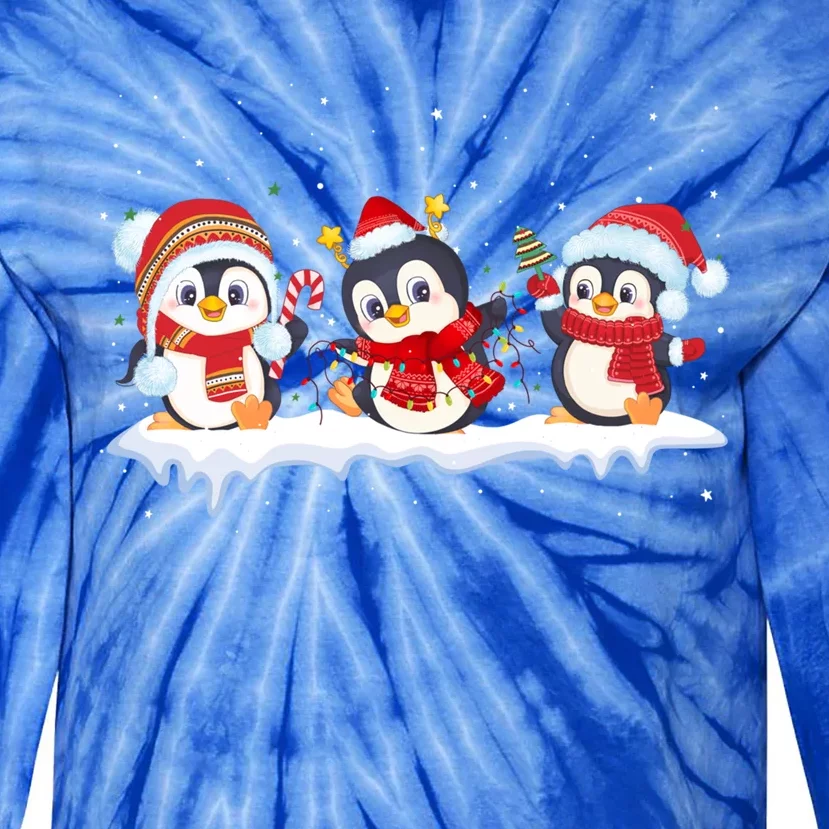 Christmas Penguins Santa Hat Lights Tree Xmas Penguin Lovers Gift Tie-Dye Long Sleeve Shirt