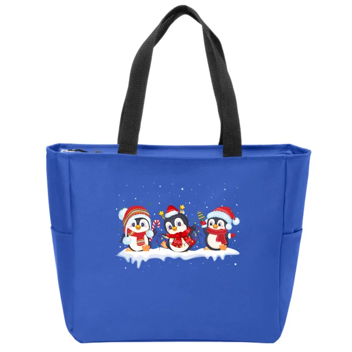 Christmas Penguins Santa Hat Lights Tree Xmas Penguin Lovers Gift Zip Tote Bag