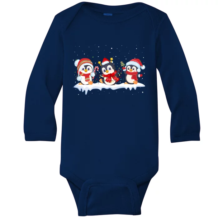 Christmas Penguins Santa Hat Lights Tree Xmas Penguin Lovers Gift Baby Long Sleeve Bodysuit