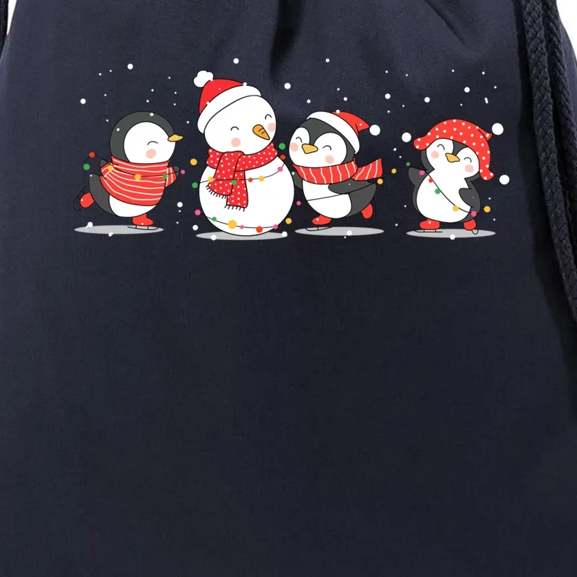 Christmas Penguins Santa Hat Lights Tree Xmas Penguin Gift Drawstring Bag