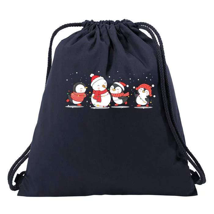 Christmas Penguins Santa Hat Lights Tree Xmas Penguin Gift Drawstring Bag