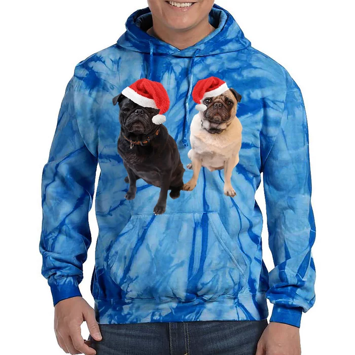 Cute Pugs Santa Hats Funny Dog Portrait Image Christmas Pug Gift Tie Dye Hoodie