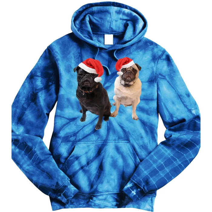 Cute Pugs Santa Hats Funny Dog Portrait Image Christmas Pug Gift Tie Dye Hoodie