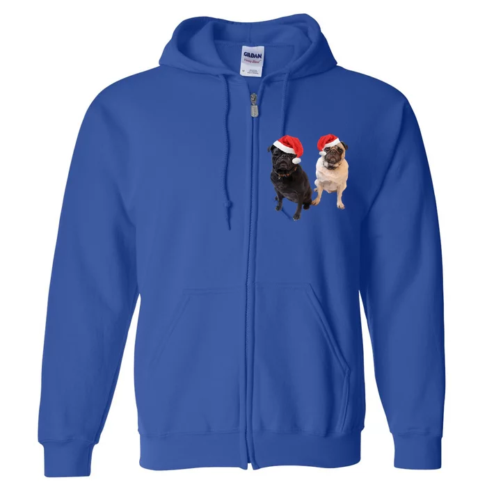 Cute Pugs Santa Hats Funny Dog Portrait Image Christmas Pug Gift Full Zip Hoodie