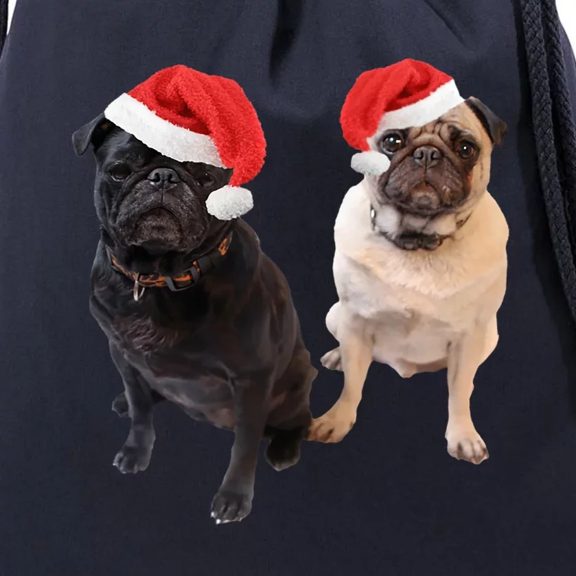 Cute Pugs Santa Hats Funny Dog Portrait Image Christmas Pug Gift Drawstring Bag