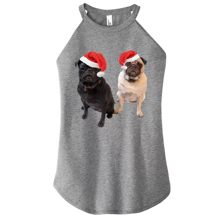 Cute Pugs Santa Hats Funny Dog Portrait Image Christmas Pug Gift Women’s Perfect Tri Rocker Tank